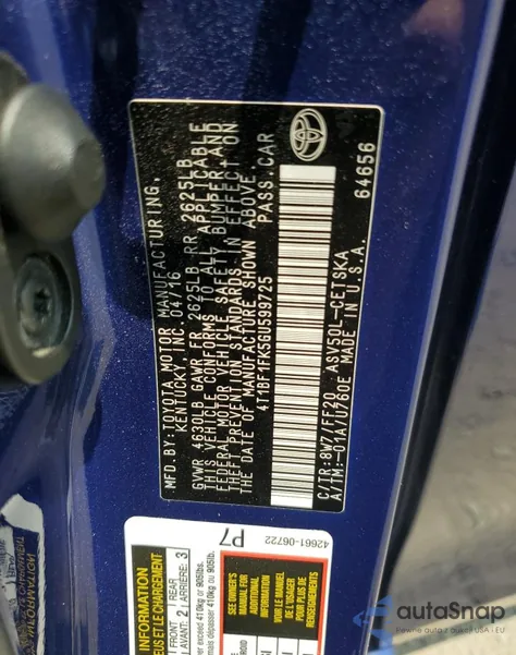 2016 Toyota Camry Le z USA, uszkodzony, nr VIN 4T1BF1FK5GU599725